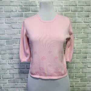 Vintage 90s Esprit Womens XL Cropped Pink Knit Sweater‎ 3/4 Sleeves Barbiecore